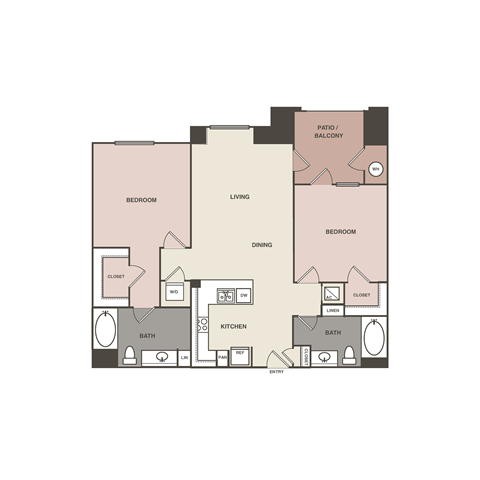 Floor plan for 2 beds, 2 baths, 1086 sqft